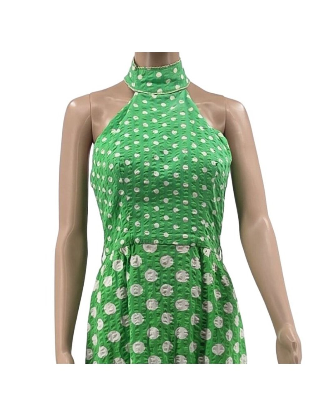 Vintage Green Polka Dot Halter Maxi Dress With Ruffle Hem & Open Back